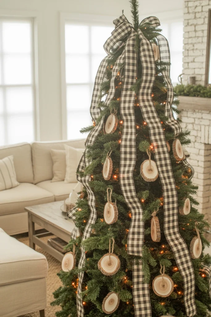 Christmas tree wrapped with loose buffalo check ribbon and simple wood ornaments