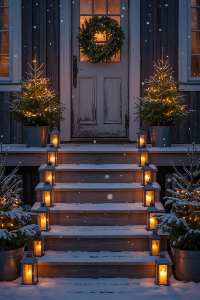 Front porch steps lined with battery lanterns and potted evergreens at dusk