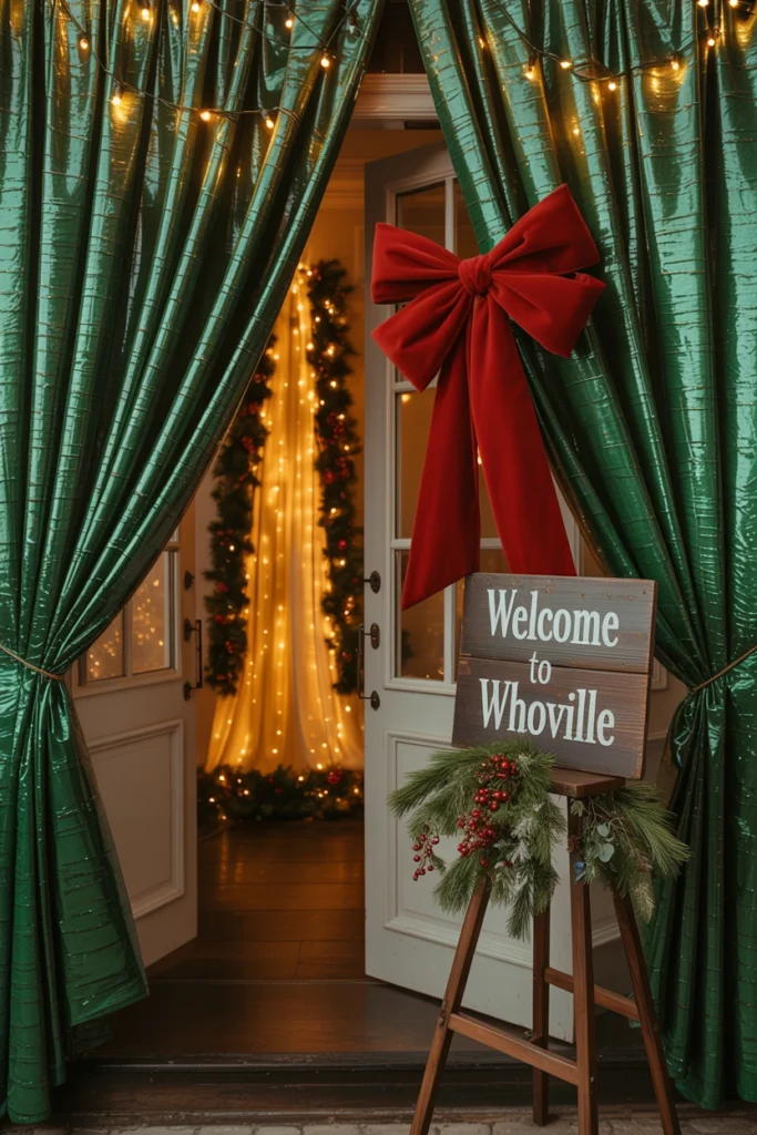 Green foil curtain party backdrop decorating a doorway for a Grinch Christmas party