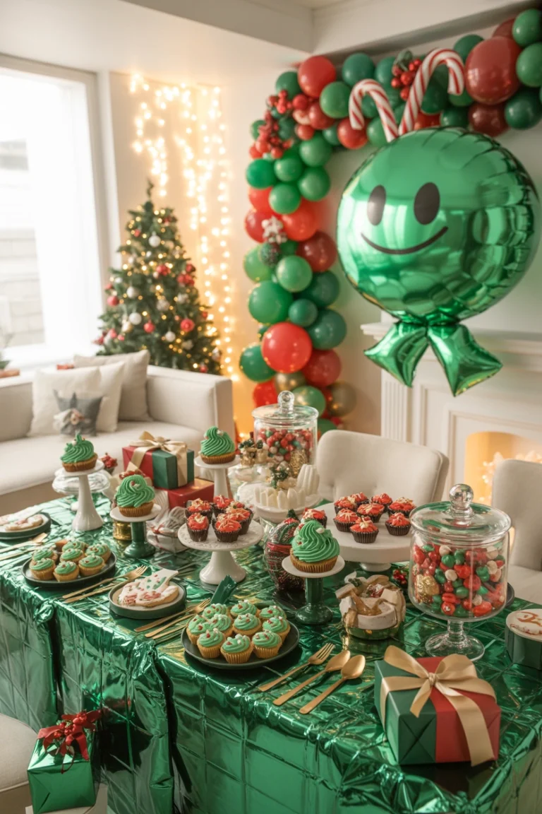 A festive entryway styled for a Grinch Christmas party — green foil curtain backdrop, a cluster of red and green balloons, and a "Naughty or Nice" dessert table glowing under string lights. Warm, playful, unmistakably Grinch