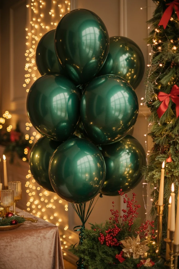 Tall bouquet of metallic apple green balloons in the corner of a Grinch party room