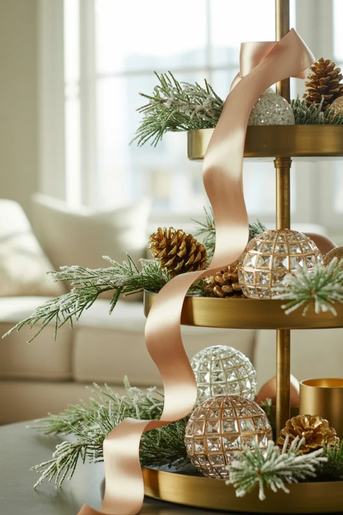Pale champagne-colored ribbon draped beneath a small cluster of clear crystal-cut ornaments