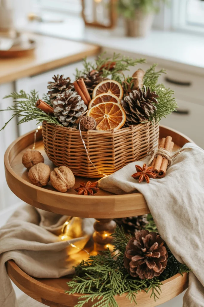 Pinecones stacked in a small pyramid shape beside bundled cinnamon sticks tied with twine
