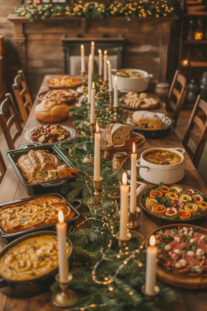 Cozy candlelit potluck dinner spread for a Christmas party