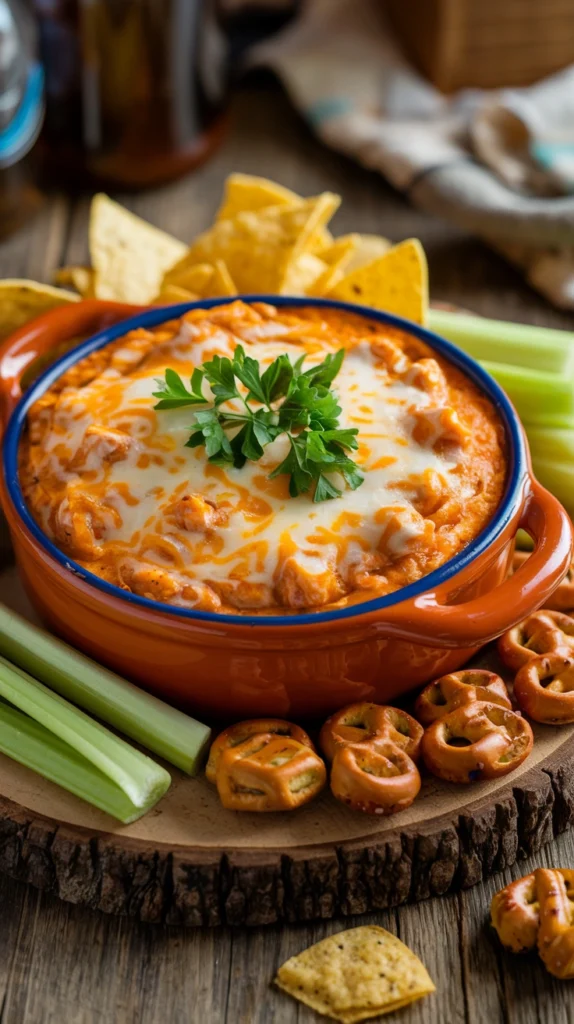 Creamy buffalo chicken dip topped with blue cheese crumbles and hot sauce, surrounded by celery and carrot sticks. class=