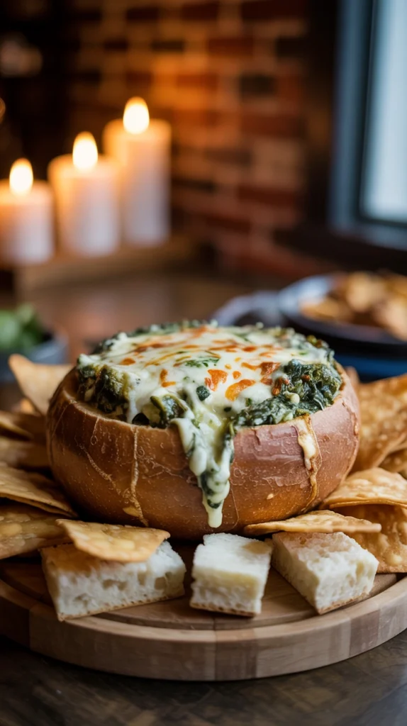Warm spinach artichoke dip in a slow cooker with tortilla chips and toasted baguette