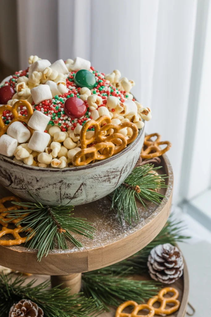 A small bowl of holiday snack mix with mini marshmallows, pretzels, and red-and-green candy pieces on the tray's bottom tier