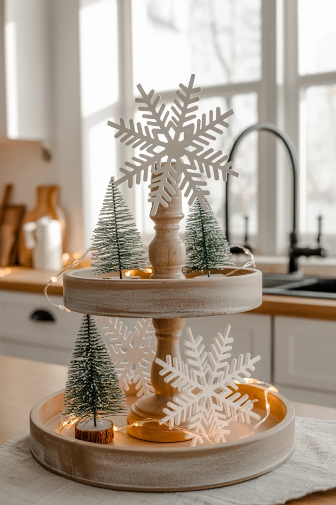 A few hand-cut white paper snowflakes propped against small candle holders on the bottom tier