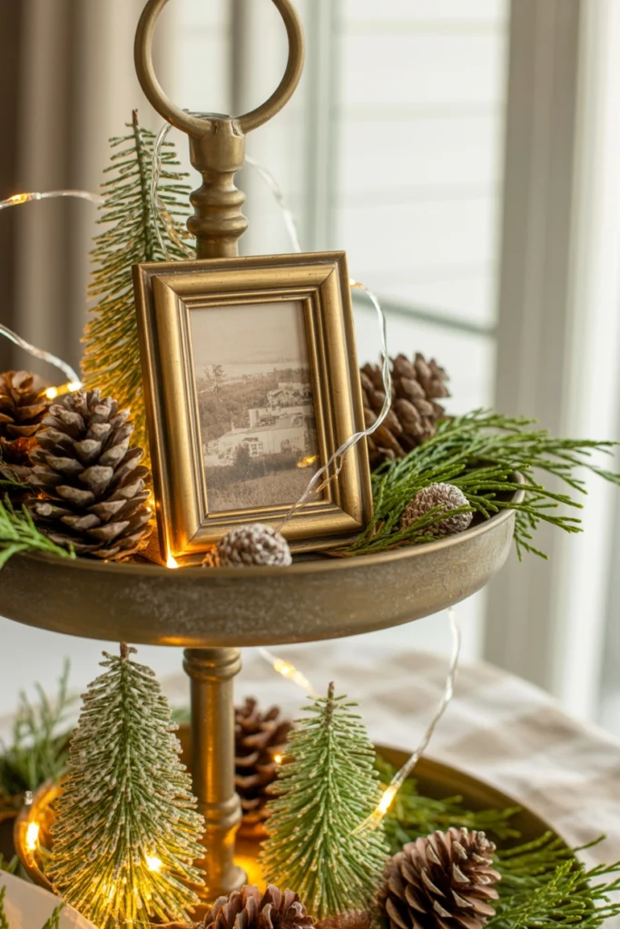 A small vintage-style frame holding a sepia photo, propped on the top tier among a few pinecones