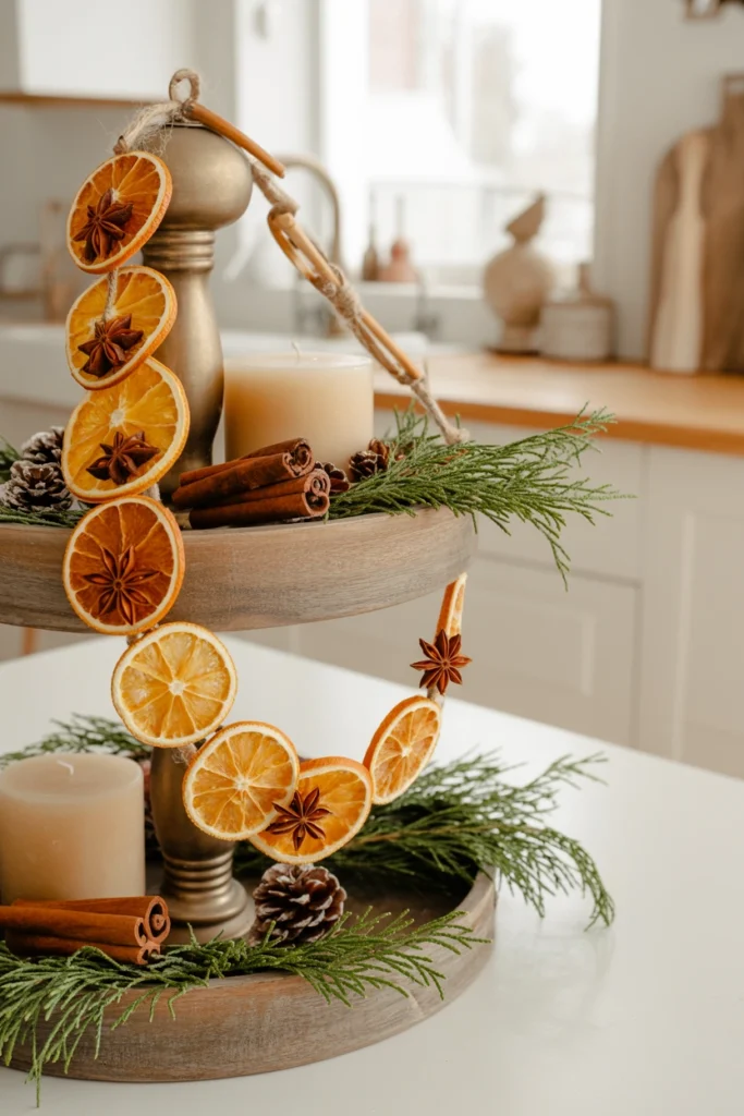 Dried orange slices and star anise pods strung on twine, draped across both tiers of a tray