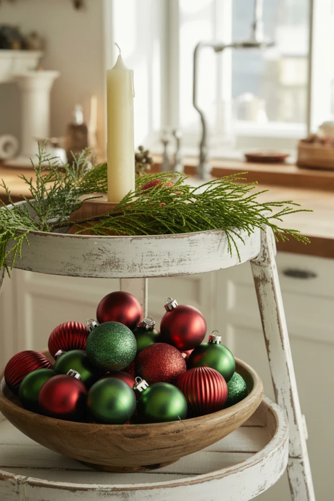 A small wood bowl filled with mismatched red and green glass ball ornaments on the bottom tier