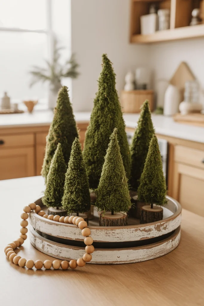 Small moss-textured trees clustered together with natural wood bead garland looped between them