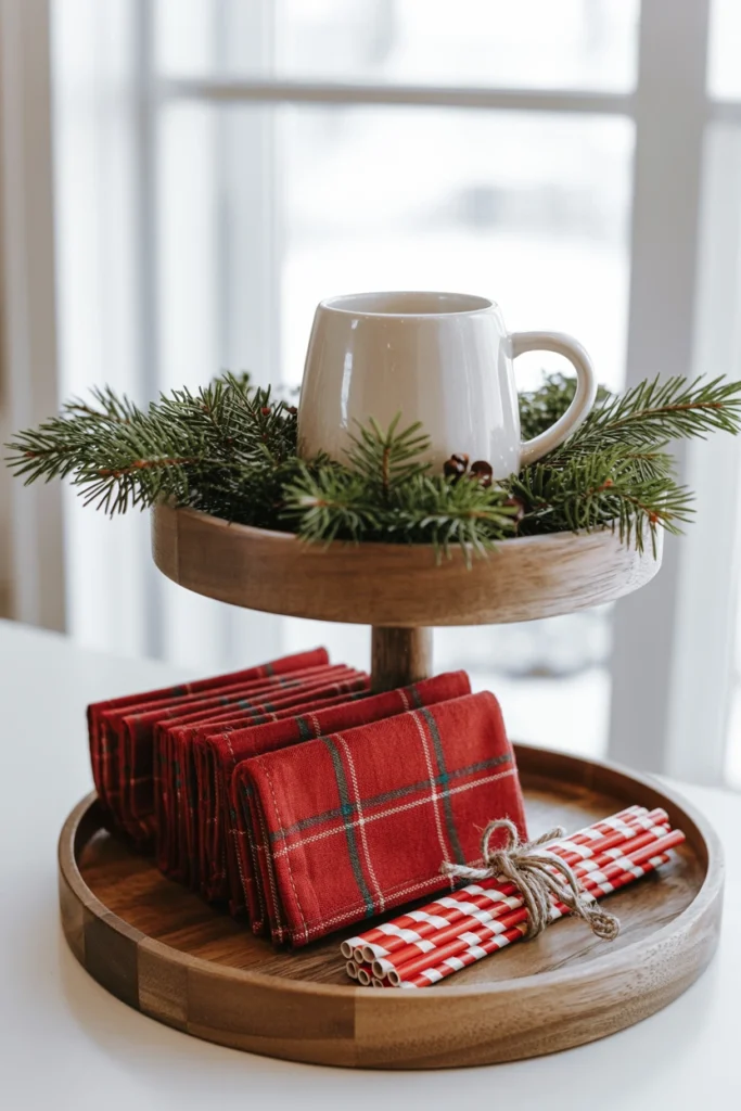 Red plaid cloth napkins folded and fanned out across the bottom tier like a display