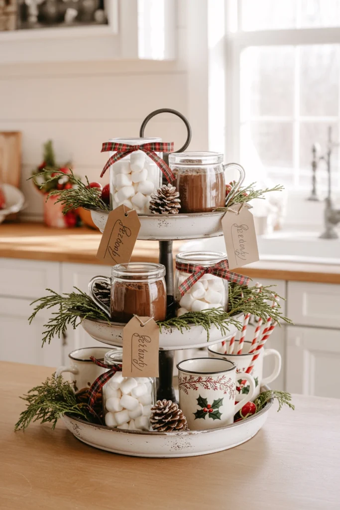 Two small glass jars filled with mini marshmallows and cocoa mix, tied with plaid ribbon, set on a tray