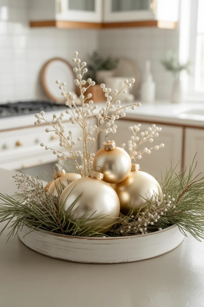 Three matte white ornaments with gold caps nestled together, a spray of faux pearls tucked beside them