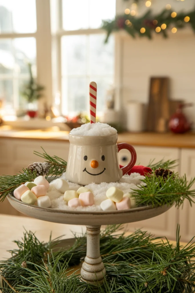A ceramic snowman-face mug filled with faux snow and a small striped wood spoon poking out