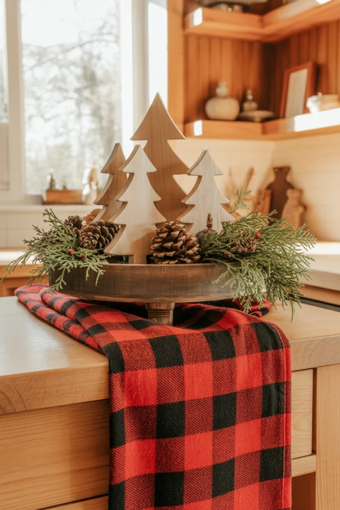 A black-and-red buffalo check fabric runner under a cluster of unfinished wood block trees