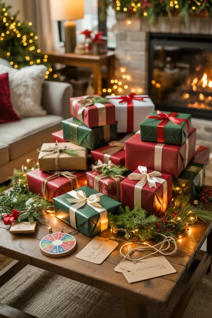 White elephant gift swap with a roulette game at a Christmas party