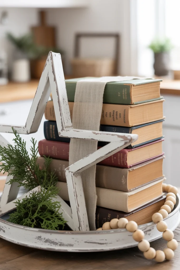Old hardcover books stacked on the bottom tier with a distressed metal star leaning against them on top