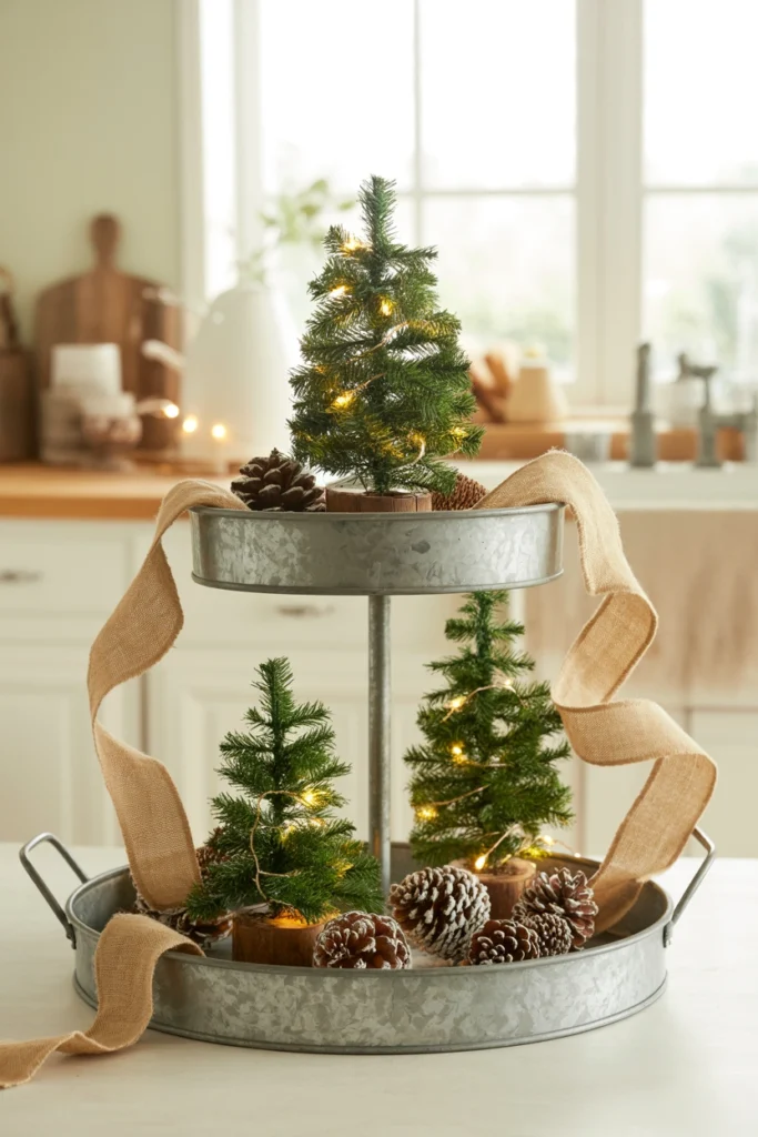 Galvanized 2-tier tray topped with a cluster of small faux pine trees and loosely draped burlap ribbon