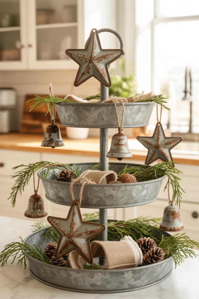 A few weathered tin star and bell ornaments with visible rust patina, hung from the tray's top handle