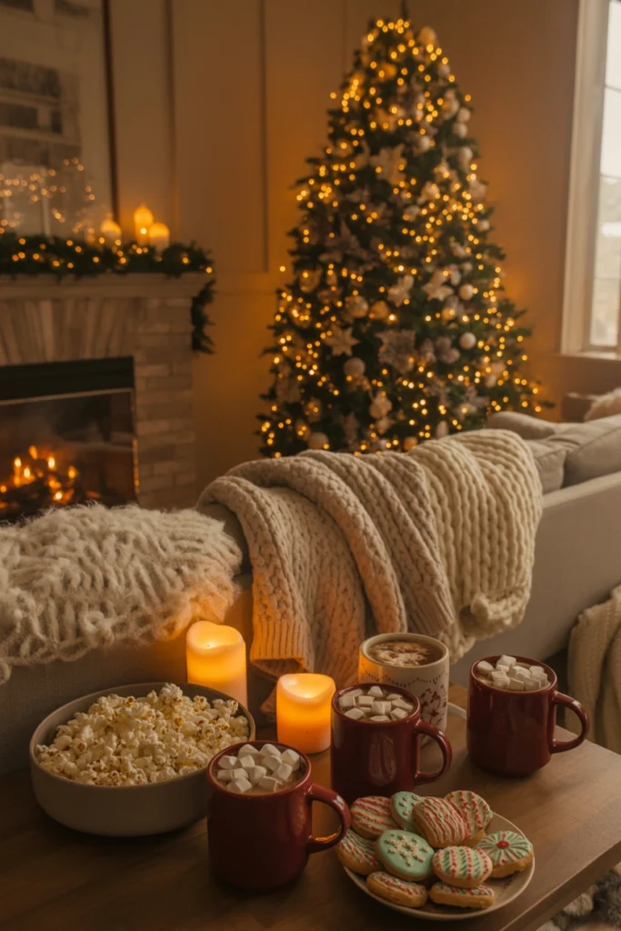Christmas movie marathon nook with blankets and popcorn