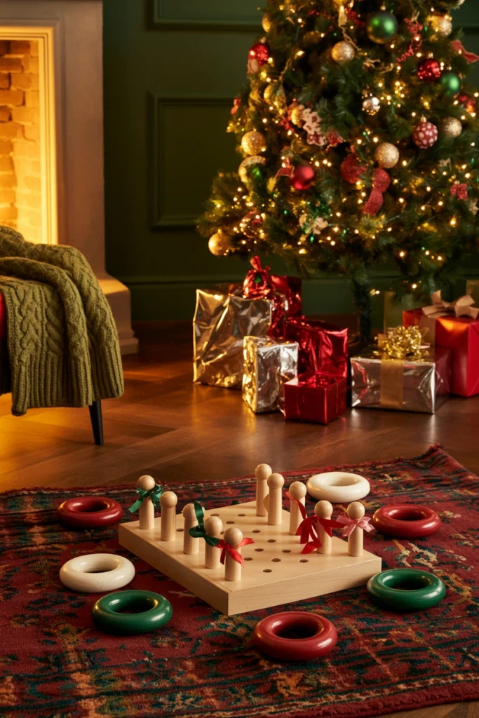 Ring toss game corner set up for an indoor Christmas party