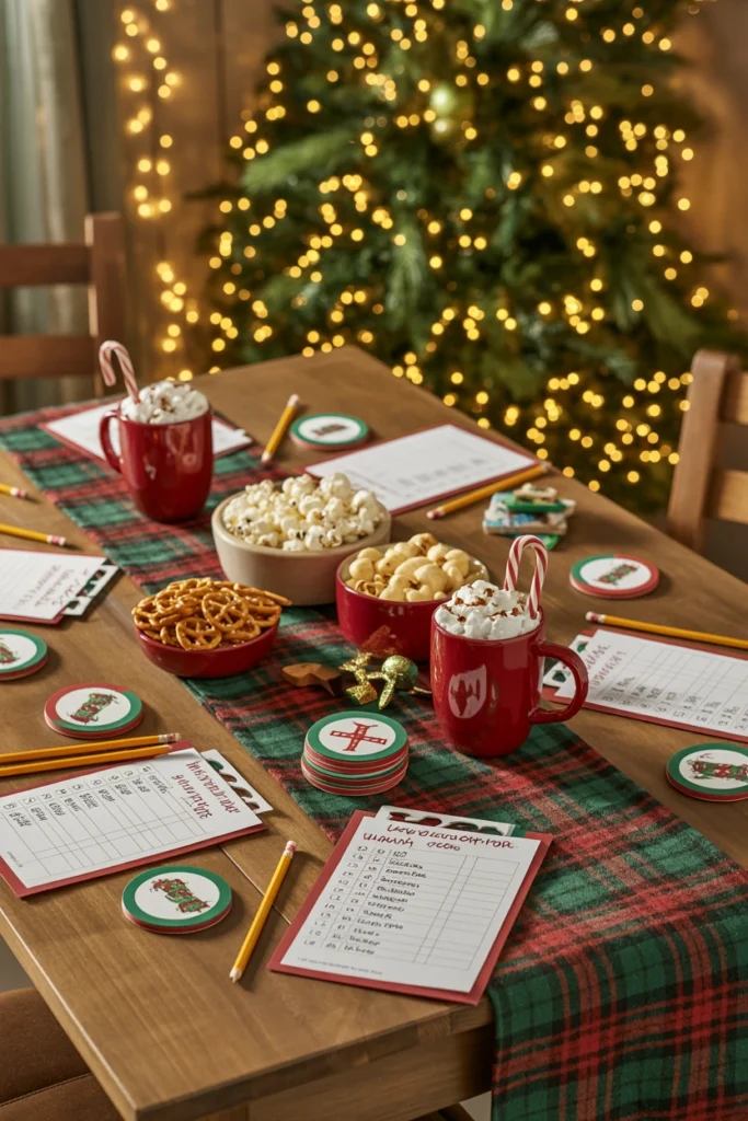 Friends playing Christmas trivia at a pajama party