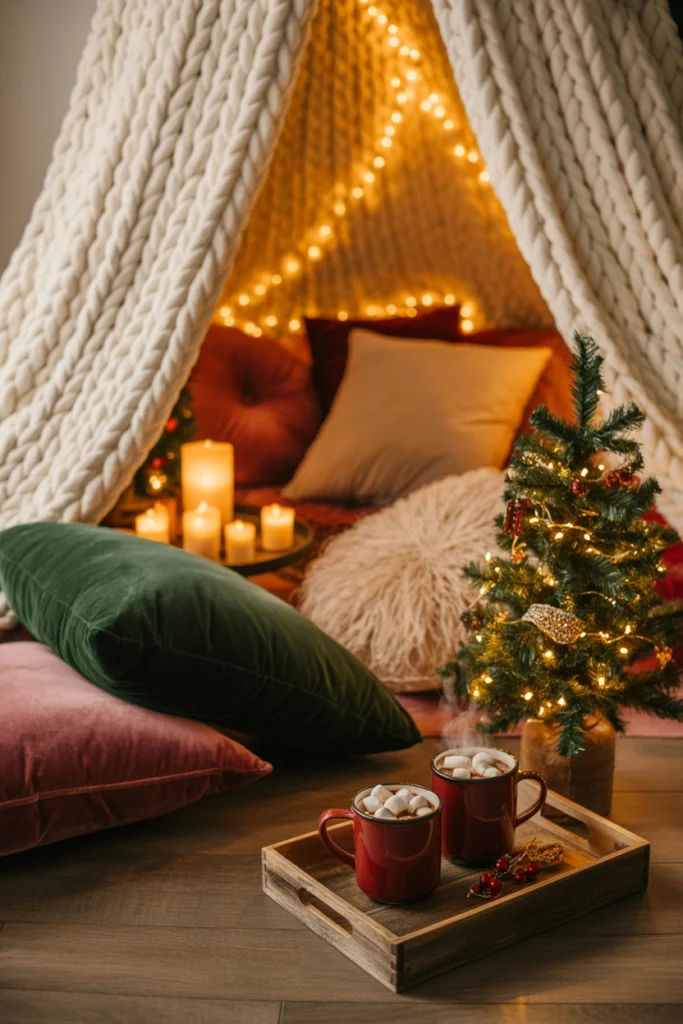 Blanket fort and string light lounge for a cozy Christmas party