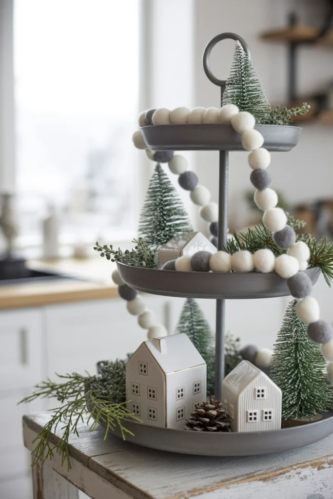 A soft grey-and-white felt pom-pom garland draped in a single loose loop across the top tier
