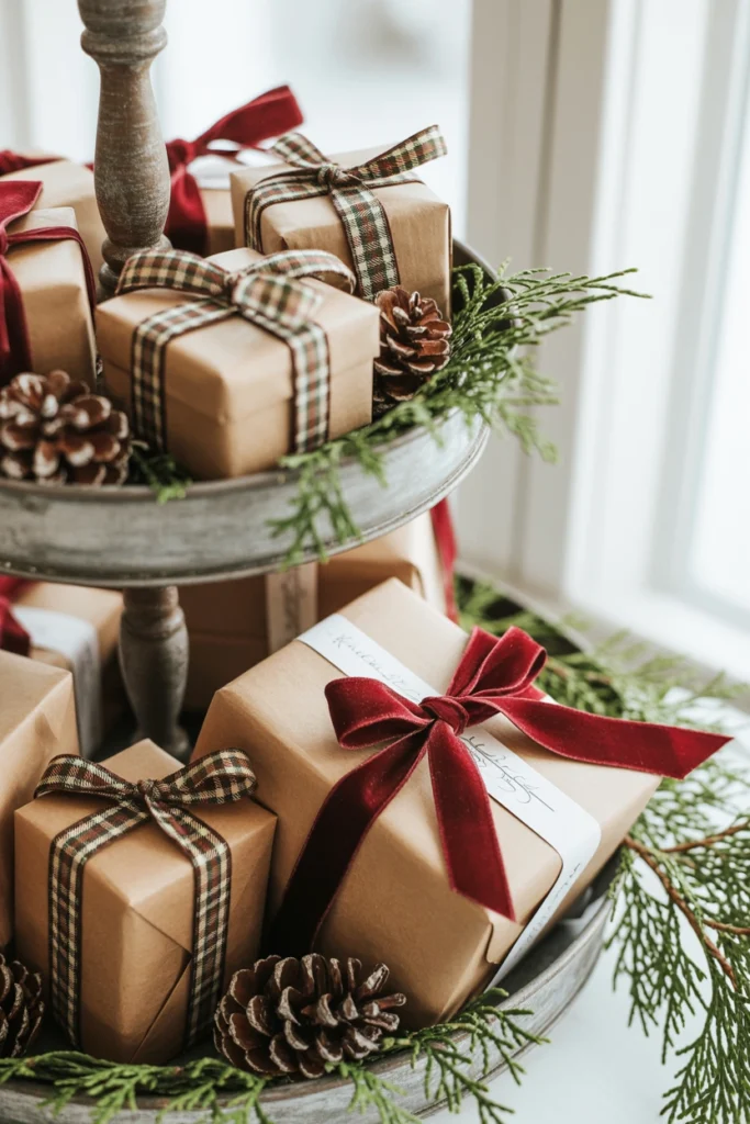 A stack of tiny dollar store gift boxes, wrapped in coordinating paper, filling the bottom tier