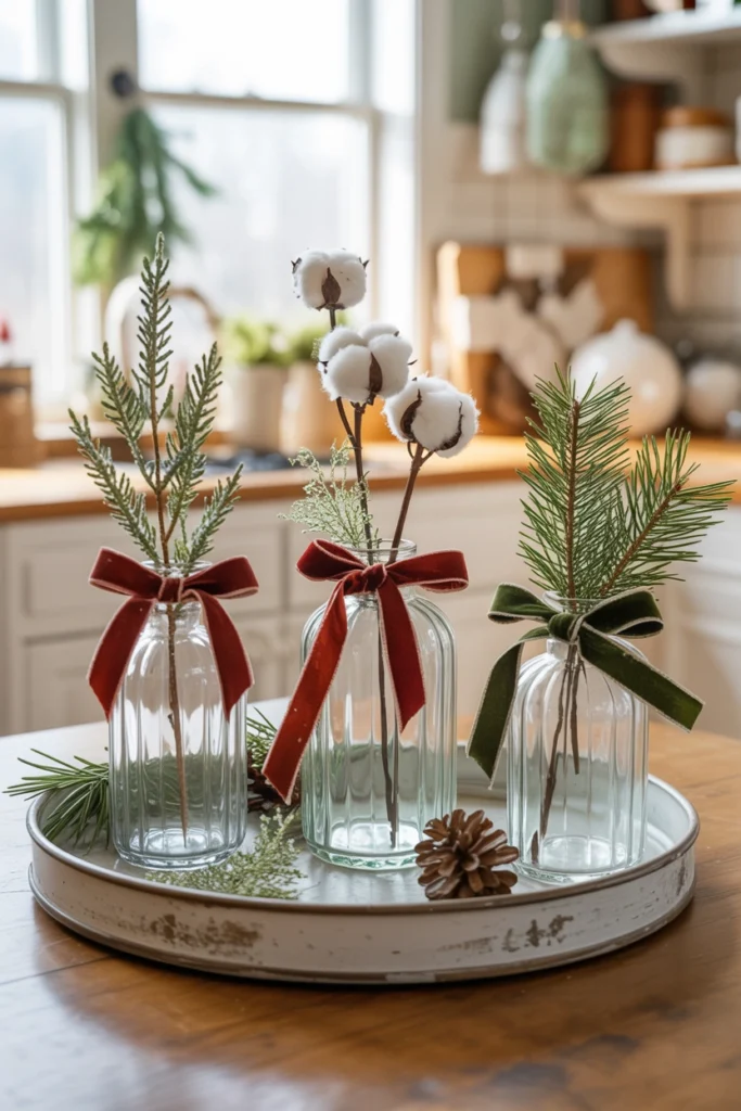 Three tiny mismatched glass bud vases with single faux stems, tied with leftover ribbon scraps