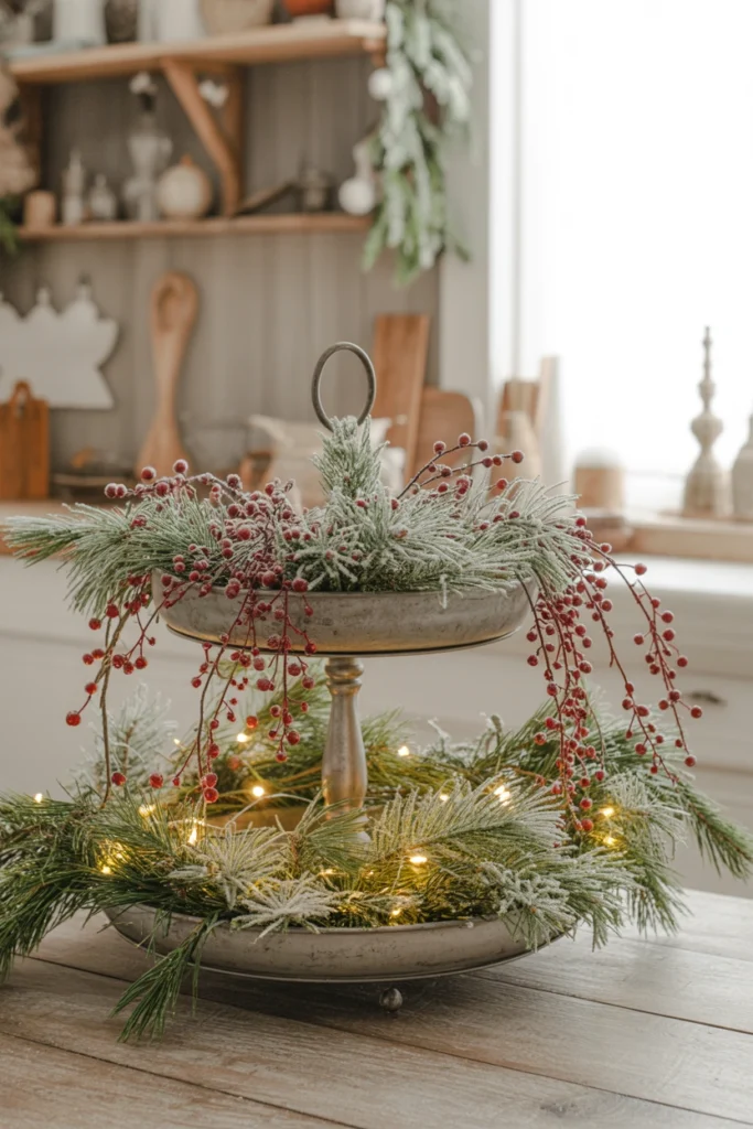 Frosted faux pine and red berry stems draping over the edge of both tiers, snow-dusted tips catching the light