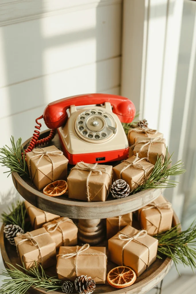 A tiny vintage-style rotary phone figurine sitting beside wrapped mini gift boxes on the tray
