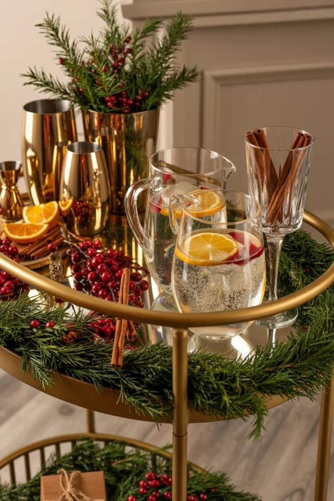 Christmas cocktail and mocktail bar cart with festive garnishes