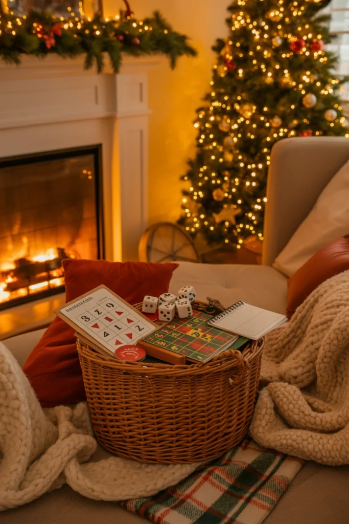 Adults playing charades at a Christmas pajama party