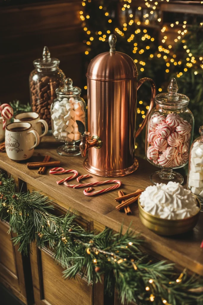 Hot cocoa bar with mugs and toppings set up for a Christmas pajama party