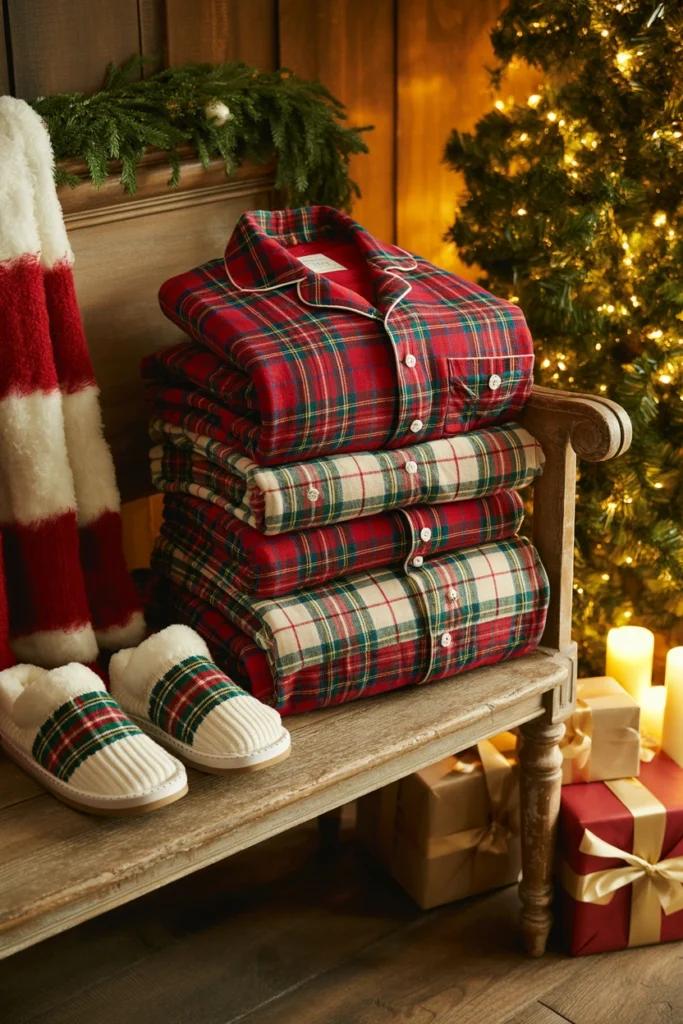 Group of adults in matching Christmas pajamas for a party photo