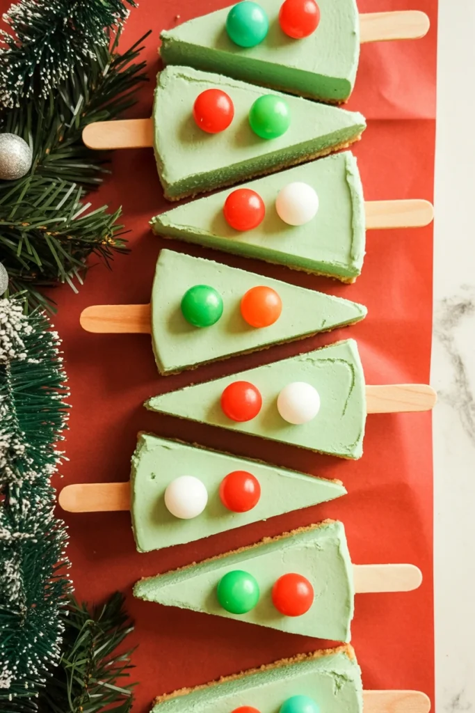 Cone-shaped cheesecake pops dipped in green candy coating and decorated like Christmas trees
