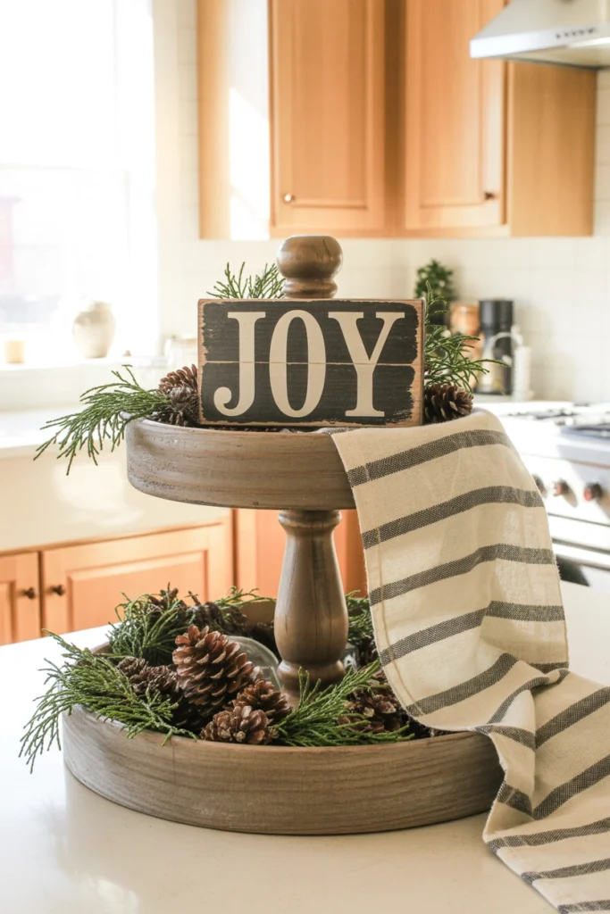 A striped grain sack fabric runner tucked under a small wooden Joy sign on a two-tier tray