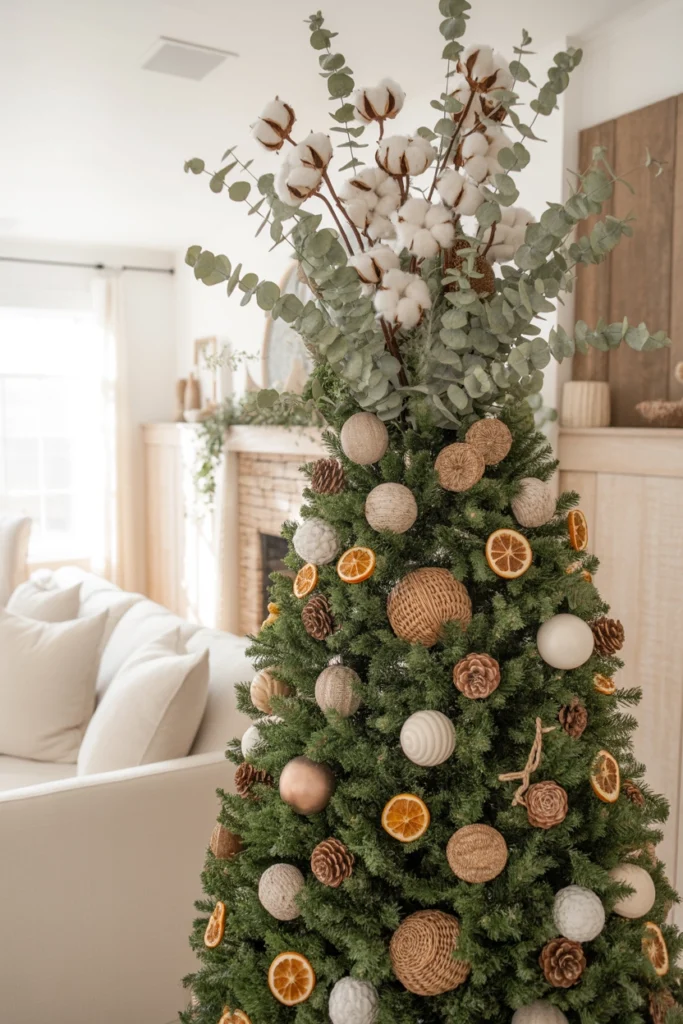 Farmhouse Christmas tree topped with an oversized cotton stem cluster