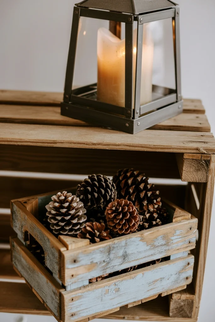 A small weathered wood crate holding pinecones sits on the bottom tier, with a taller lantern on top