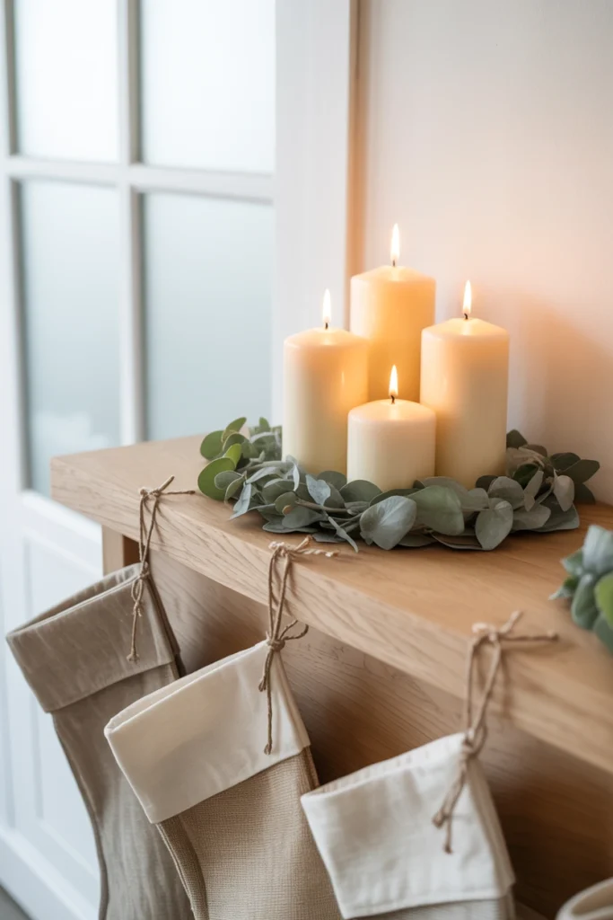 Minimal neutral farmhouse mantel with cream candles and a single greenery sprig