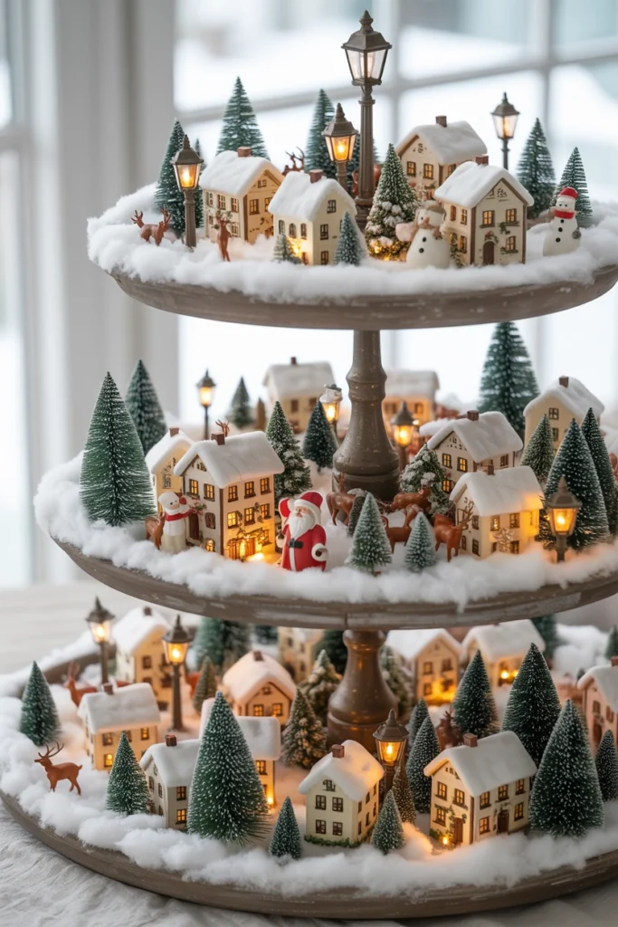 A wider variety of mini resin figurines spread generously across a 3-tier tray with more open space between them