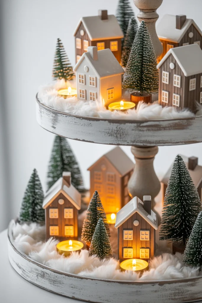 Miniature village figurines with tiny flameless tea lights tucked behind them, casting a soft glow