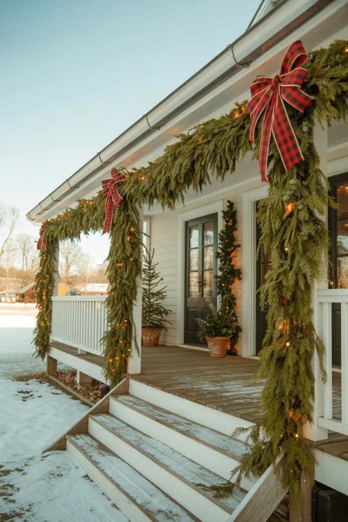 Front porch railing wrapped in greenery garland with plaid bows and string lights