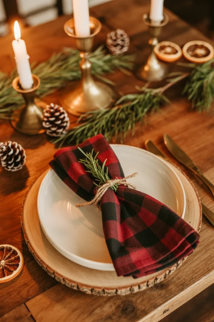 Place settings with folded buffalo check napkins and rosemary sprig ties