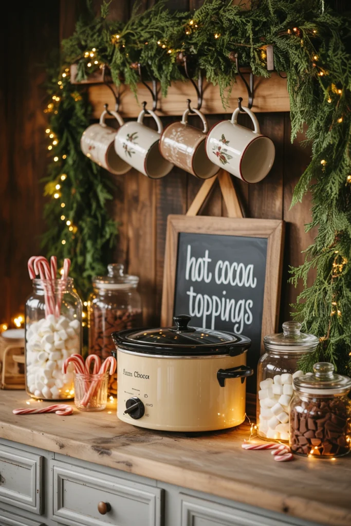 Farmhouse sideboard set up as a hot cocoa bar with mugs and a chalkboard sign