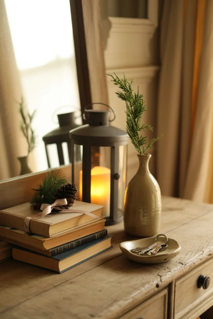 Small entryway table styled with vintage books, a lantern, and a greenery sprig