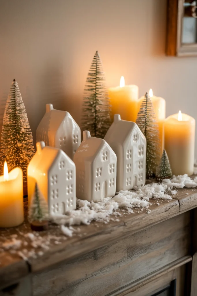 Miniature white Christmas village houses arranged along a farmhouse mantel